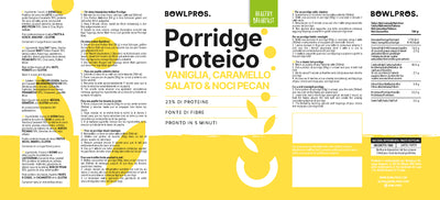 Porridge Proteico Vaniglia, Caramello e Noci Pecan con pack sostenibile valori nutrizionali