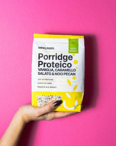 Porridge Proteico Vaniglia, Caramello e Noci Pecan; fonte di fibre e perfetto per la colazione