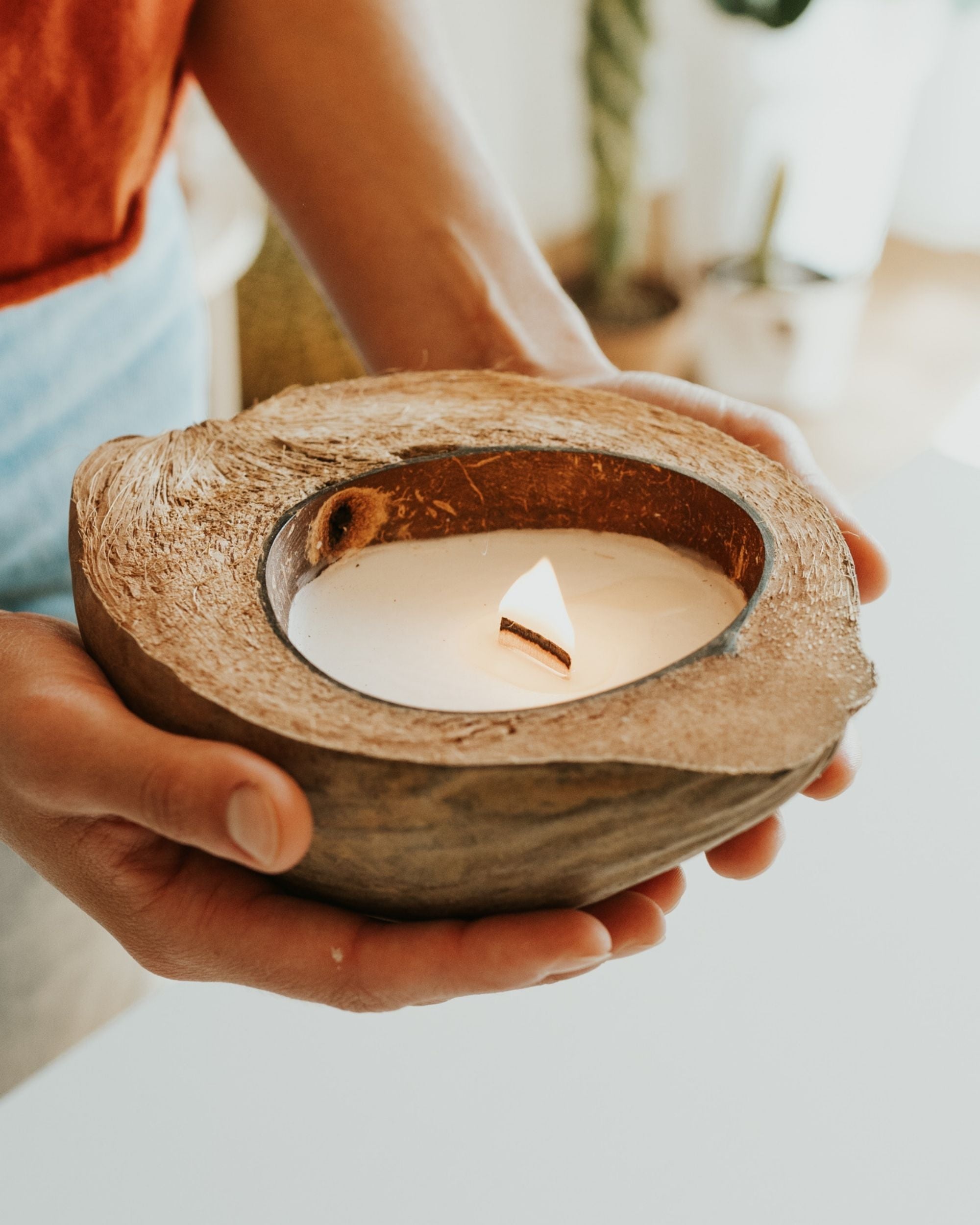 candela di cera di soia in guscio di cocco ciotola con crack in legno  stoppini gusci di cocco