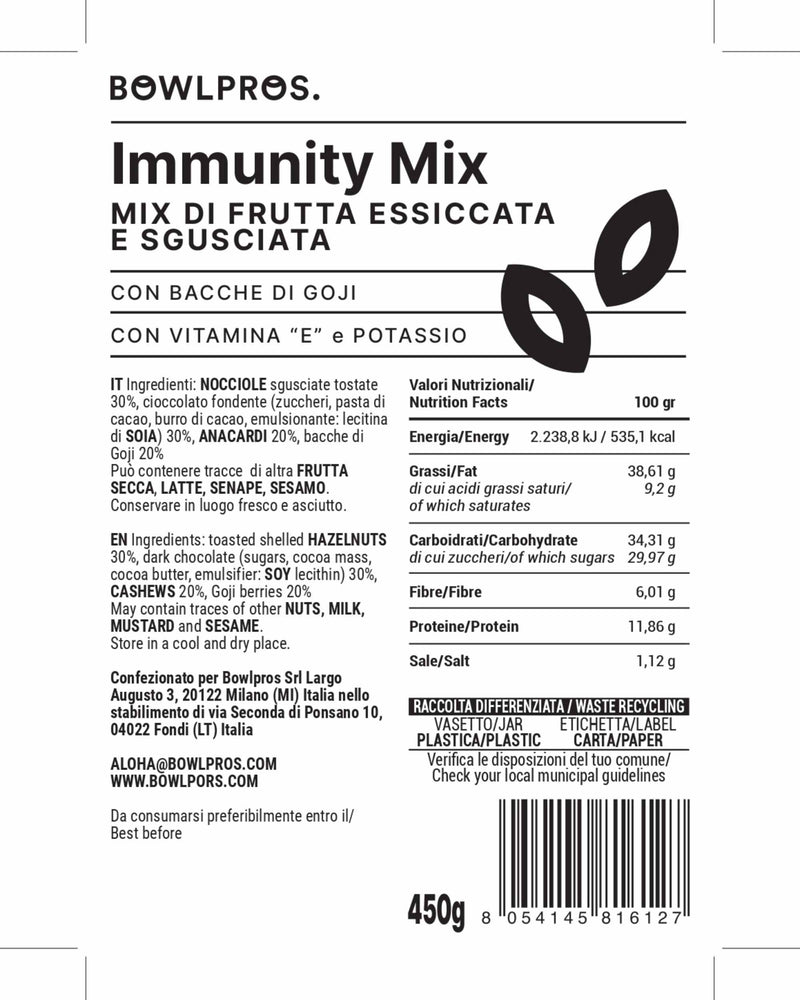 Etichetta e valori nutrizionali immunity mix