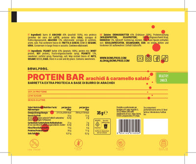 Etichetta e valori nutrizionali Protein Bar arachidi e caramello salato.