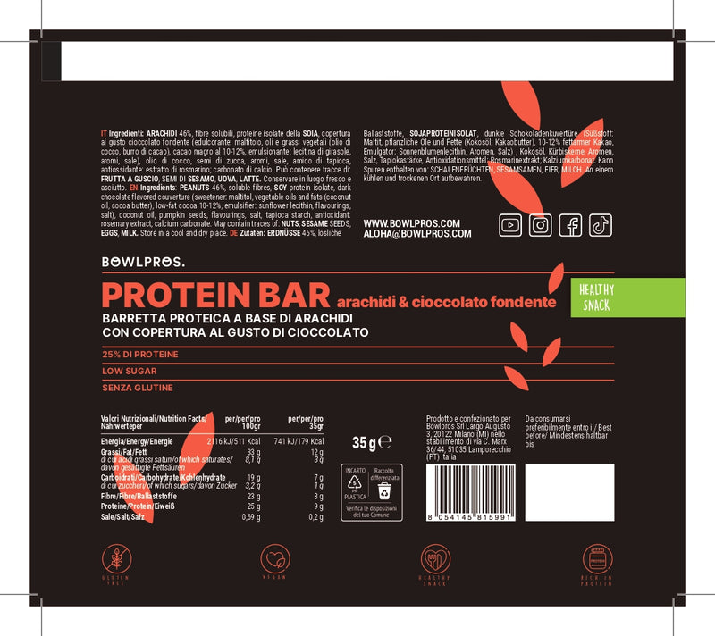 Etichetta e valori nutrizionali Protein Bar arachidi e cioccolato fondente.