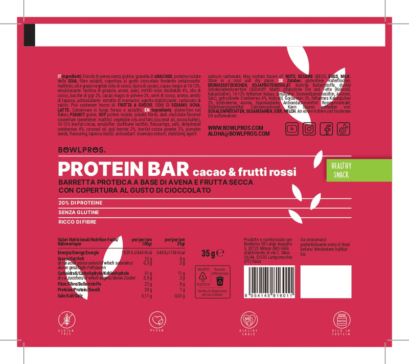 Etichetta e valori nutrizionali Protein Bar cacao e frutti rossi.