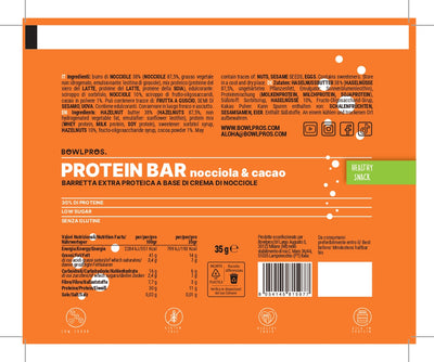 Etichetta e valori nutrizionali Protein Bar nocciola e cacao.