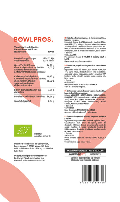 Etichetta e valori nutrizionali Protein Granola Arachidi e Cioccolato Fondente.