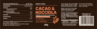 Etichetta e Valori nutrizionali crema cacao e nocciola fondente crunchy Bowlpros
