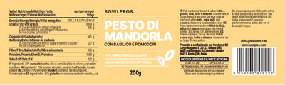 Etichetta e valori nutrizionali del nuovo Pesto di mandorla con basilico e pomodori.