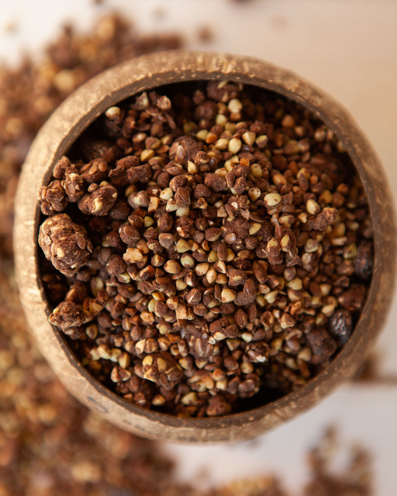 Per spuntini proteici, colazioni proteiche o merende fit prova la granola proteica Cacao, Nocciole ed albicocche