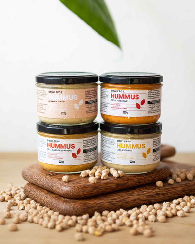 Il nuovo e gustoso mix degustazione Hummus di Bowlpros perfetto per sorprendere i tuoi ospiti con aperitivi sfiziosi.