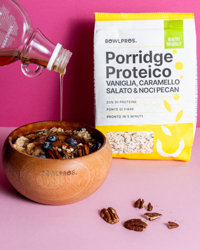 Porridge Proteico Vaniglia, Caramello e Noci Pecan con pack sostenibile