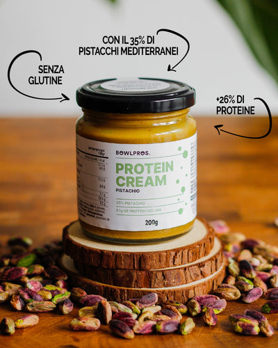 Crema proteica con il 35% di pistacchio, proteine whey e dolcificata solo con eritritolo 