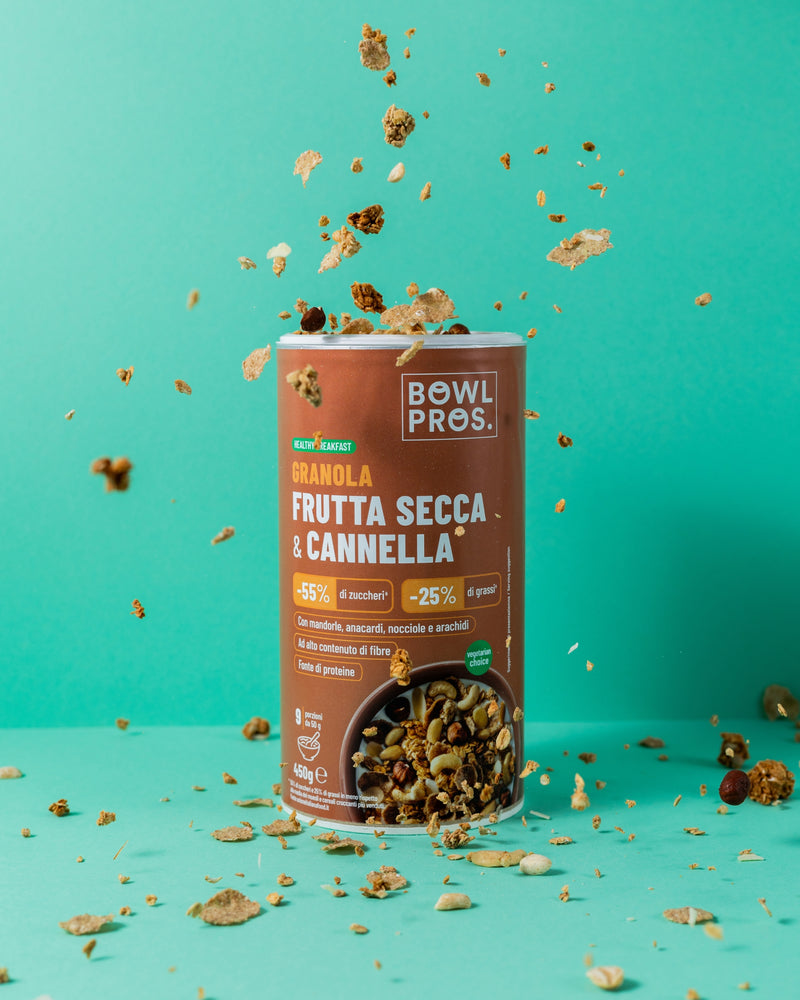 granola frutta secca e cannella con -55% di zuccheri e -25% di grassi per una colazione nutriente e ricca di proteine