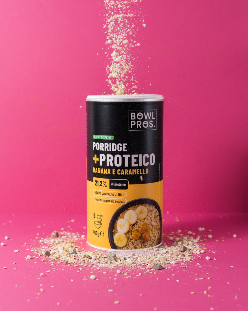 Porridge proteico banana e caramello con 20% di proteine ideale per i tuoi allenamenti