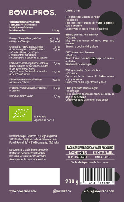 Etichetta e Valori Nutrizionali per Polvere di bacche di Açai