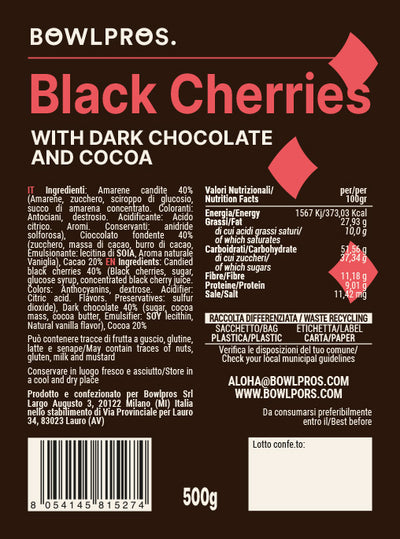 Etichetta e Valori Nutrizionali per Amarene ricoperte di Cioccolato fondente