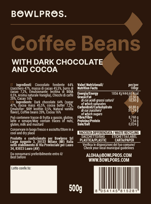 Etichetta e Valori Nutrizionali dei Chicci di Caffè ricoperto di Cioccolato