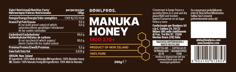 Etichetta e valori nutrizionali miele di manuka 270+