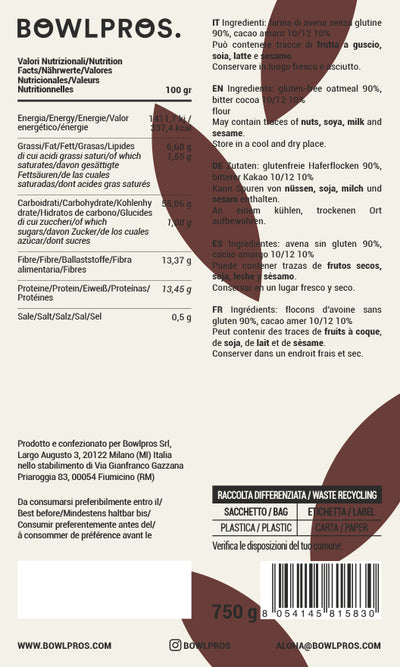 Etichetta e valori nutrizionali della Farina d'avena aromatizzata al cacao