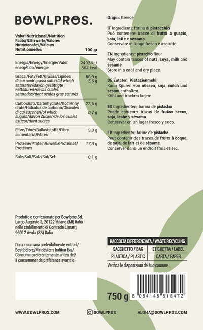 Etichetta Valori nutrizionali per farina ai pistacchi mediterranei