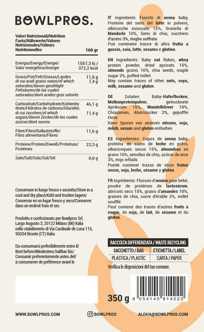 Etichetta e valori nutrizionali porridge proteico mandorle, sciroppo d'acero e albicocche