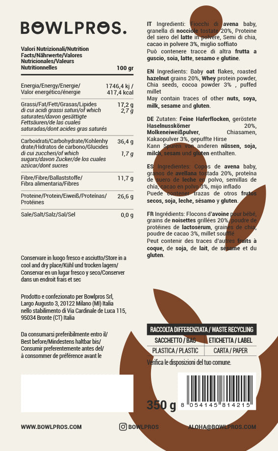 Etichetta e Valori nutrizionali Porridge proteico Cacao e Nocciole