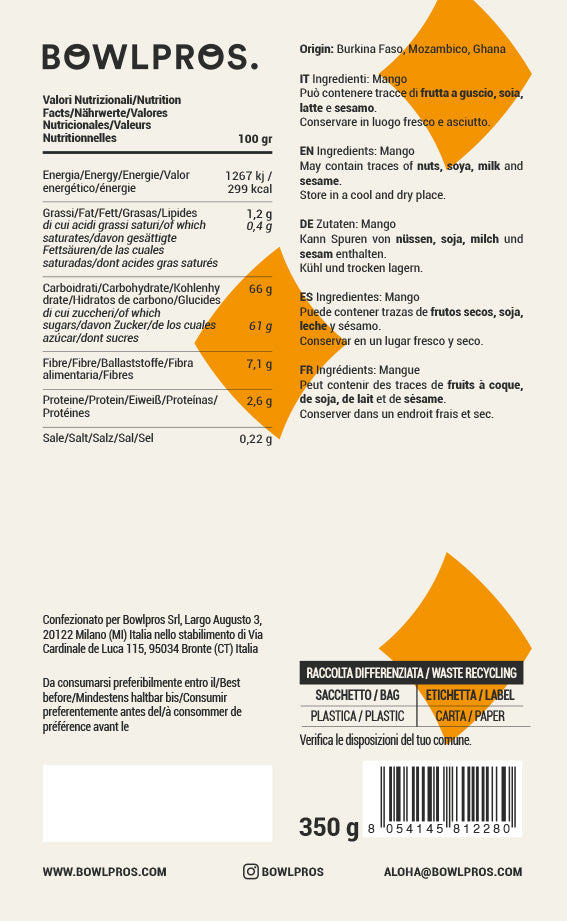 Etichetta e valori nutrizionali Mango essiccato