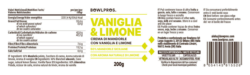 Etichetta e Valori Nutrizionali Crema Mandorle, Vaniglia e Limone