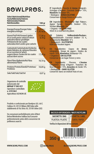 Etichetta e valori nutrizionali su Granola Cocco e Mandorle