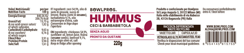 Etichetta e Valori Nutrizionali Hummus di Barbabietola