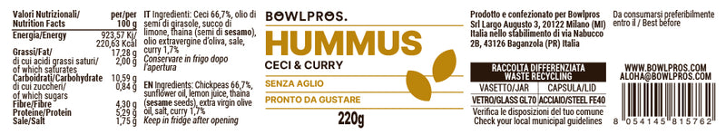 Ingredienti e Valori nutrizionali Hummus di ceci al curry