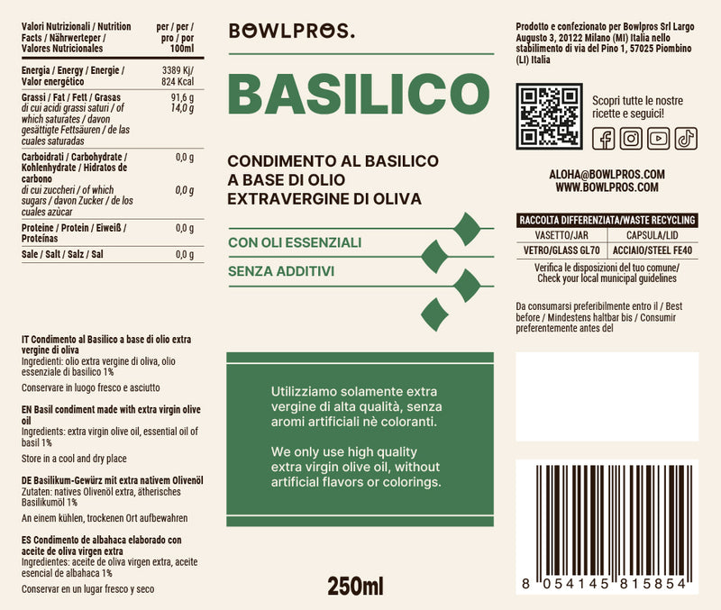 Etichetta valori nutrizionale olio extra vergine di oliva aromatizzato al basilico