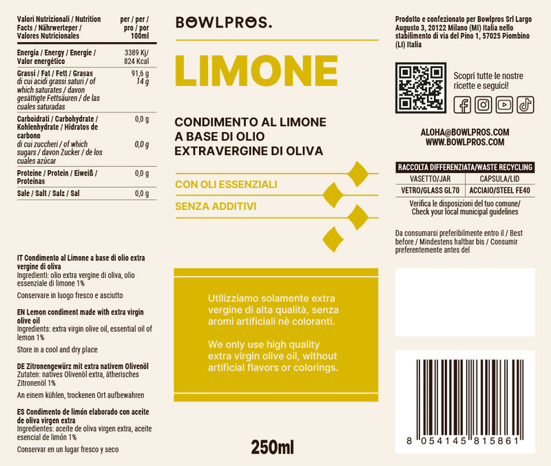 Etichetta valori nutrizionale olio extra vergine di oliva aromatizzato al limone
