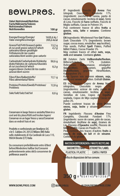 Etichetta e valori nutrizionali Porridge Cacao Fondente