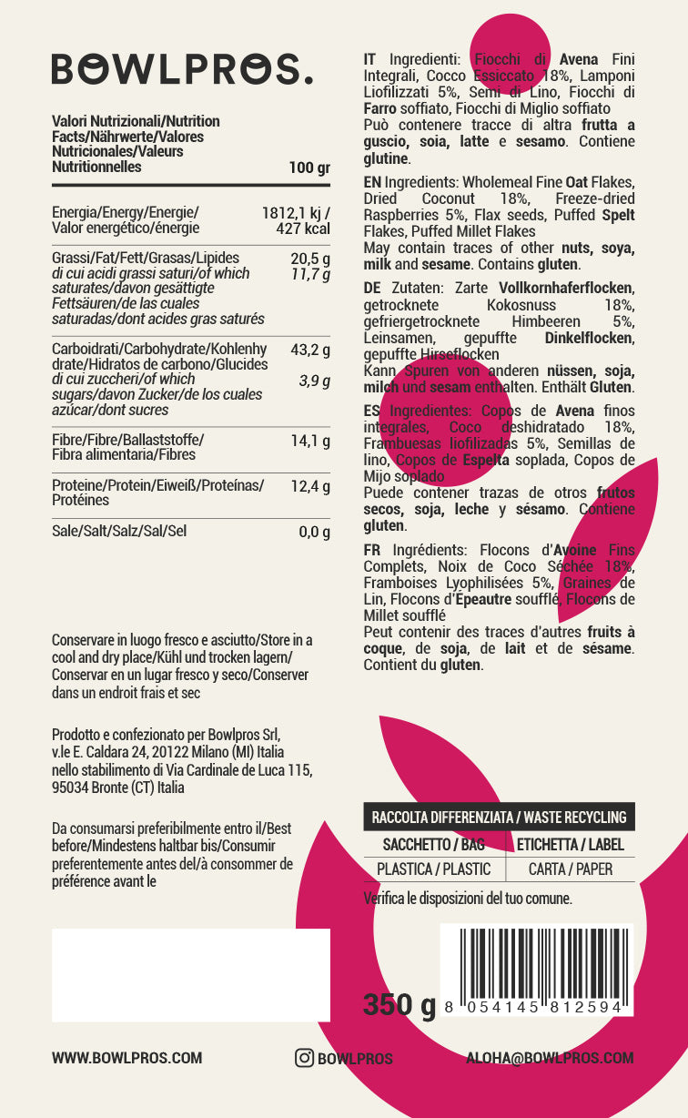 Etichetta e valori nutrizionali Porridge Cocco e Lamponi