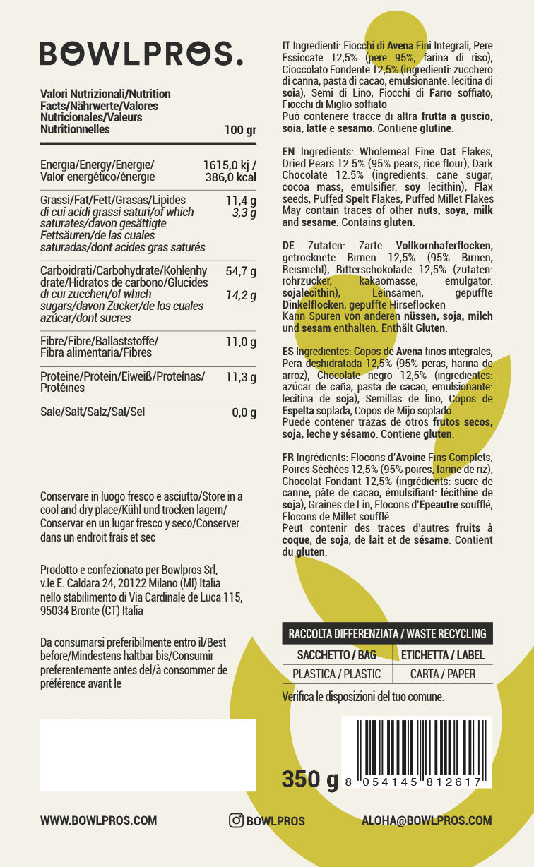 Porridge Pera e Cioccolato Etichetta e Valori nutrizionali