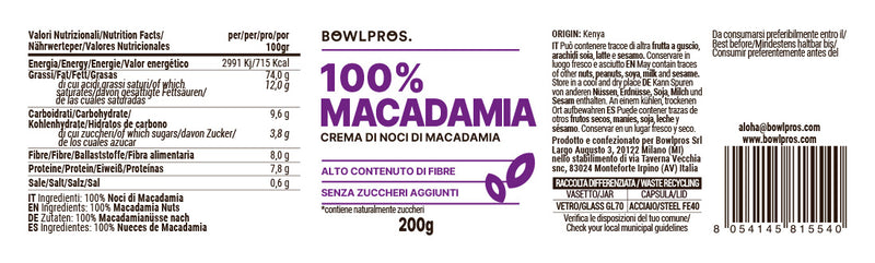 Etichetta e Valori Nutrizionali Crema di Noci Macadamia 100%