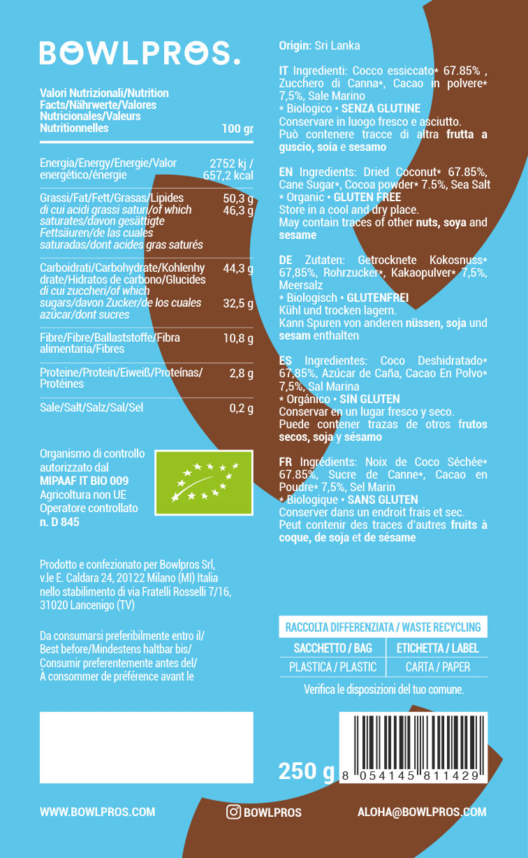 Etichetta e Valori Nutrizionali Chips di Cocco al Cacao