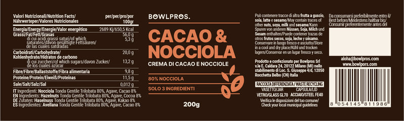 Etichetta valori tradizionali e ingredienti crema cacao e nocciole