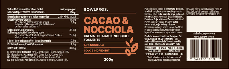 Etichetta e valori nutrizionali Crema Cacao e Nocciole Fondente