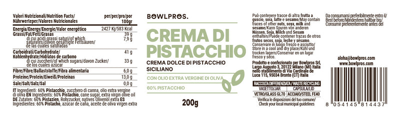 Etichetta e valori nutrizionali della Crema di Pistacchio Siciliano Dolce