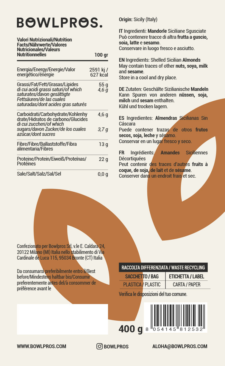 Valori nutrizionali mandorle siciliane sgusciate ed etichetta