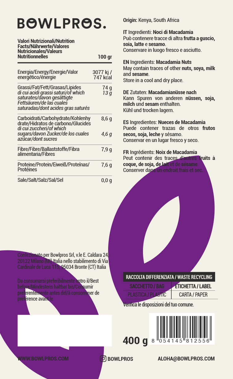 Valori nutrizionali noci di macadamia ed etichetta