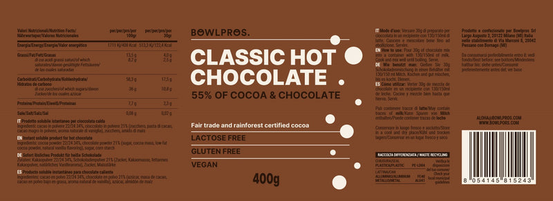 Etichetta e Valori Nutrizionali per la CIoccolata Calda Classica