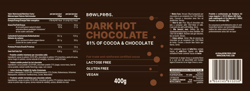 Etichetta e Valori Nutrizionali per Cioccolata Calda Fondente