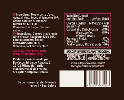 Etichetta e Valori nutrizionali per l'aceto balsamico al lampone